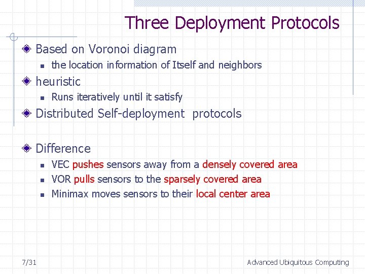 Three Deployment Protocols Based on Voronoi diagram n the location information of Itself and