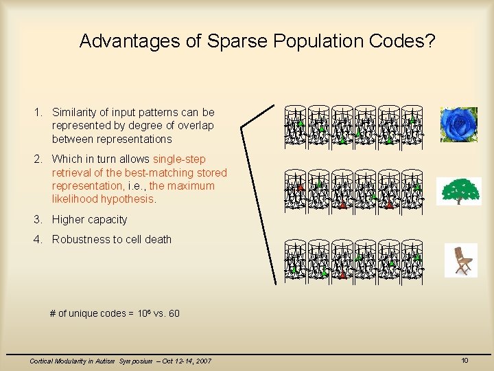 Advantages of Sparse Population Codes? 1. Similarity of input patterns can be represented by
