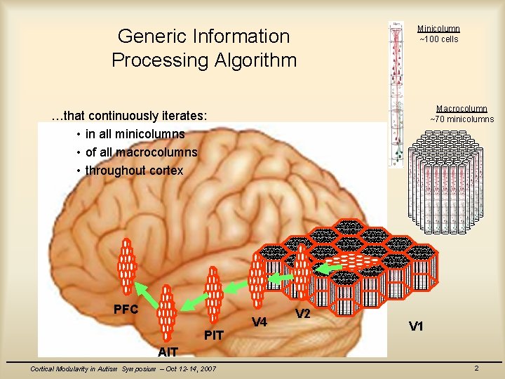 Generic Information Processing Algorithm Minicolumn ~100 cells Macrocolumn ~70 minicolumns …that continuously iterates: •