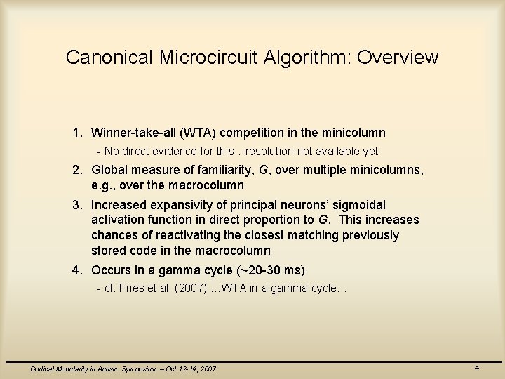 Canonical Microcircuit Algorithm: Overview 1. Winner-take-all (WTA) competition in the minicolumn - No direct