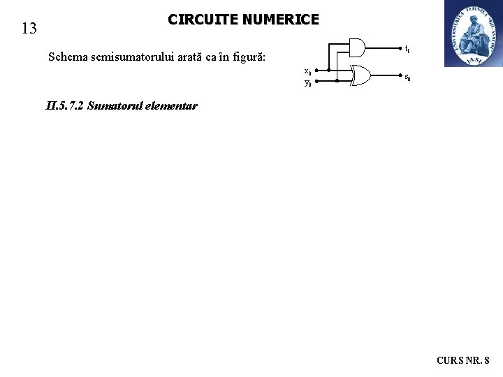 13 CIRCUITE NUMERICE t 1 Schema semisumatorului arată ca în figură: x 0 y