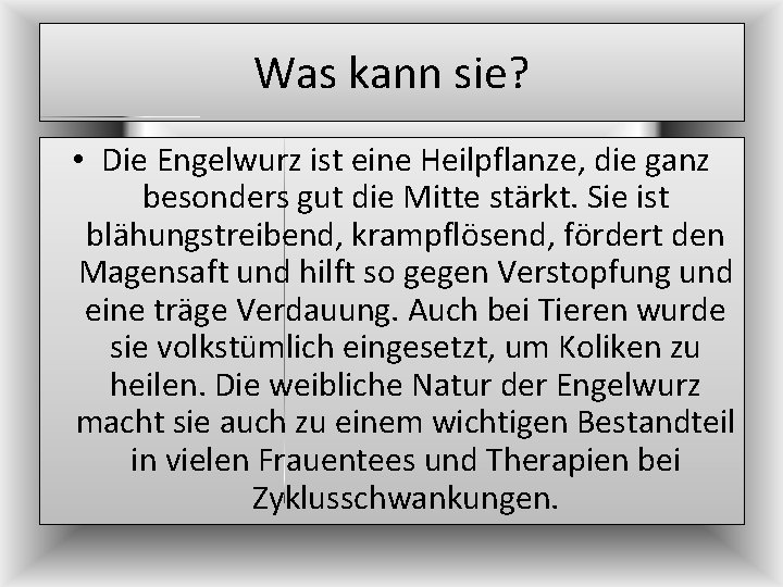 Was kann sie? • Die Engelwurz ist eine Heilpflanze, die ganz besonders gut die