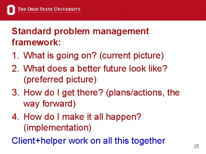 Standard problem management framework: 1. What is going on? (current picture) 2. What does