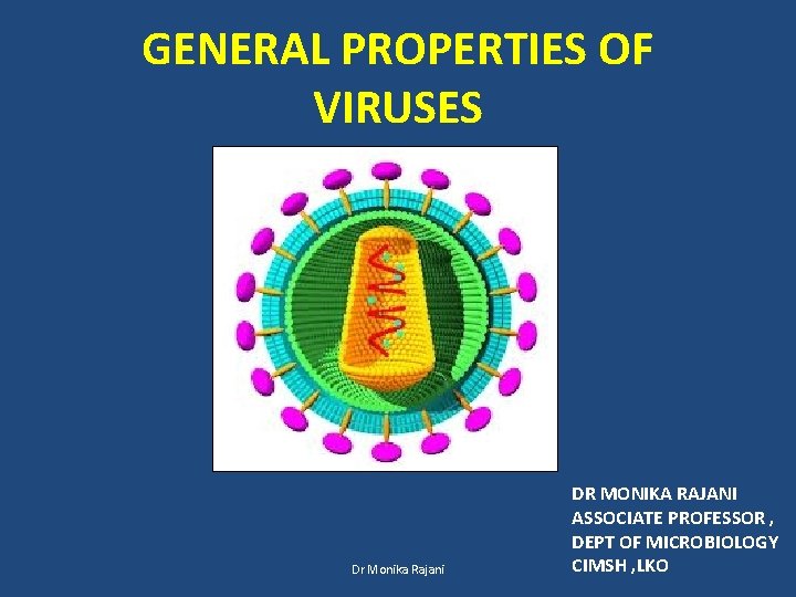 GENERAL PROPERTIES OF VIRUSES Dr Monika Rajani DR MONIKA RAJANI ASSOCIATE PROFESSOR , DEPT