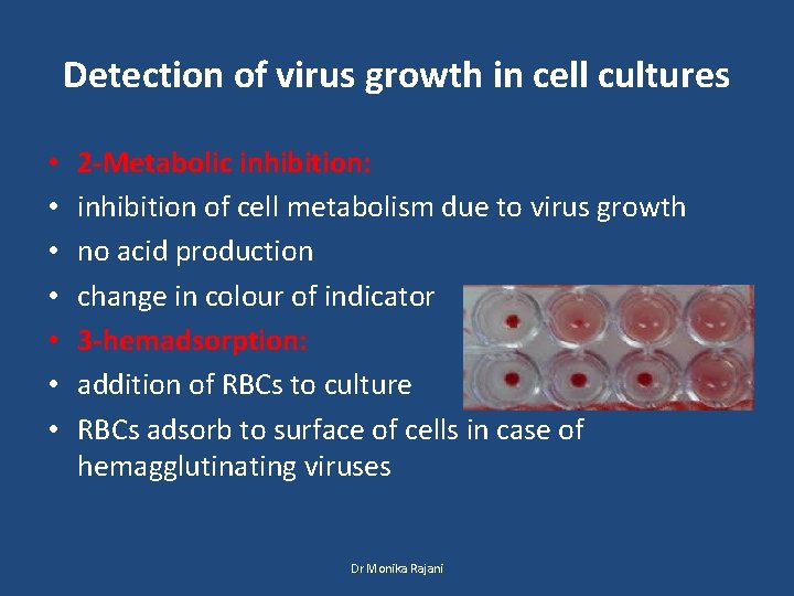Detection of virus growth in cell cultures • • 2 -Metabolic inhibition: inhibition of