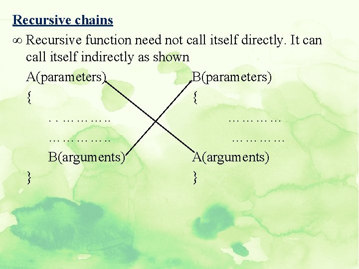 Recursive chains ∞ Recursive function need not call itself directly. It can call itself