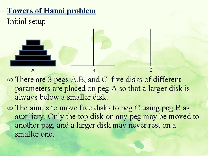 Towers of Hanoi problem Initial setup A B C ∞ There are 3 pegs