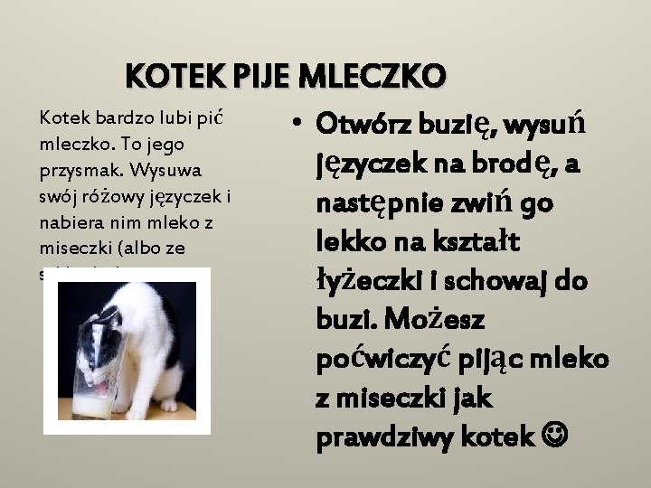 KOTEK PIJE MLECZKO Kotek bardzo lubi pić mleczko. To jego przysmak. Wysuwa swój różowy