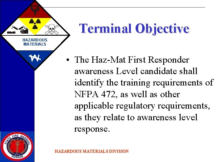 Terminal Objective HAZARDOUS MATERIALS • The Haz-Mat First Responder awareness Level candidate shall identify