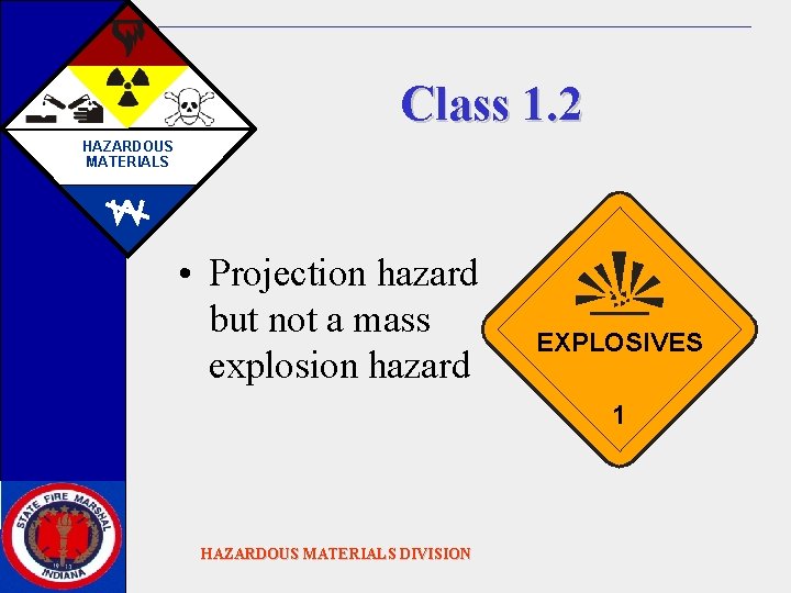 Class 1. 2 HAZARDOUS MATERIALS • Projection hazard but not a mass explosion hazard