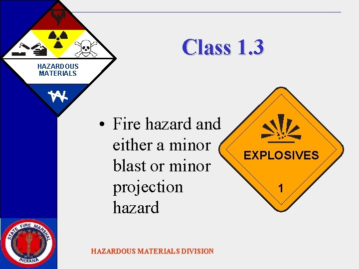 Class 1. 3 HAZARDOUS MATERIALS • Fire hazard and either a minor blast or