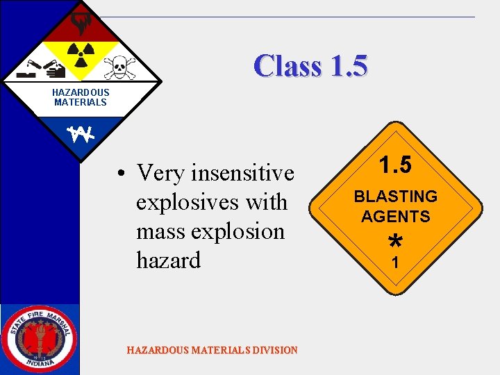 Class 1. 5 HAZARDOUS MATERIALS • Very insensitive explosives with mass explosion hazard HAZARDOUS