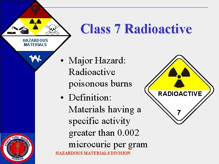 Class 7 Radioactive HAZARDOUS MATERIALS • Major Hazard: Radioactive poisonous burns • Definition: Materials