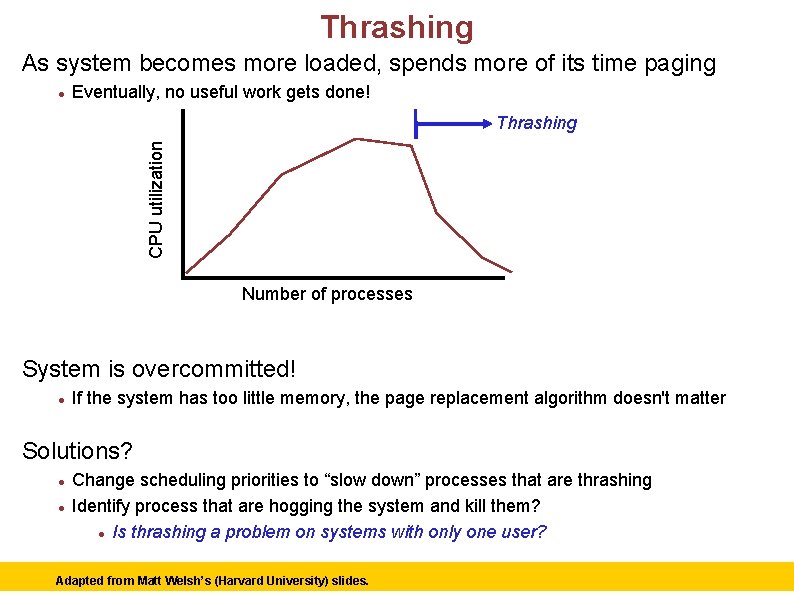 Thrashing As system becomes more loaded, spends more of its time paging Eventually, no