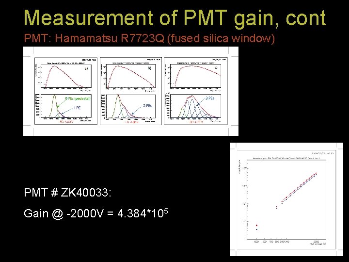 Measurement of PMT gain, cont PMT: Hamamatsu R 7723 Q (fused silica window) PMT