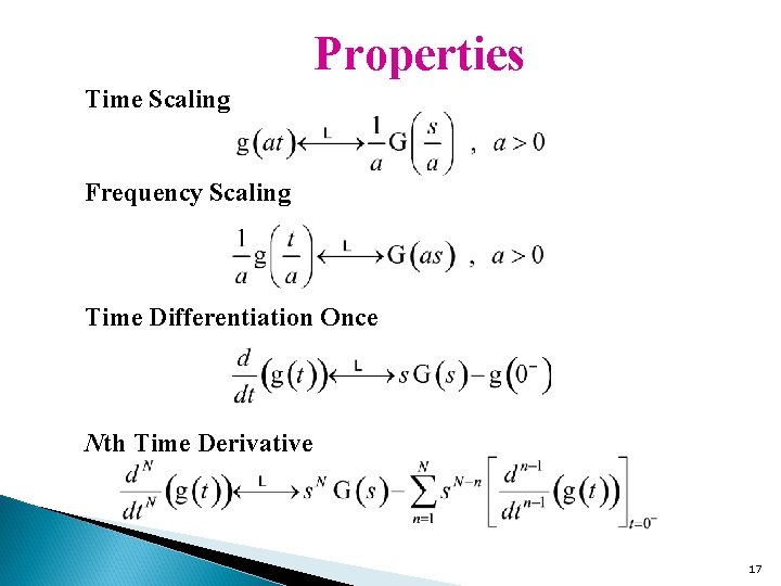 Properties Time Scaling Frequency Scaling Time Differentiation Once Nth Time Derivative 17 