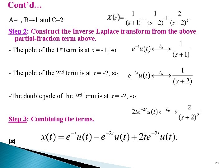 Cont’d… A=1, B=-1 and C=2 Step 2: Construct the Inverse Laplace transform from the