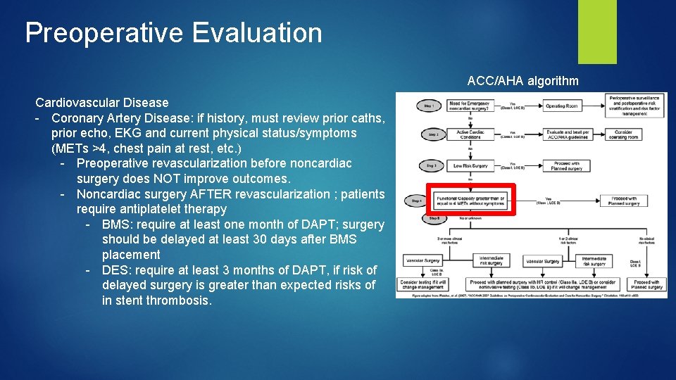 Preoperative Evaluation ACC/AHA algorithm Cardiovascular Disease - Coronary Artery Disease: if history, must review