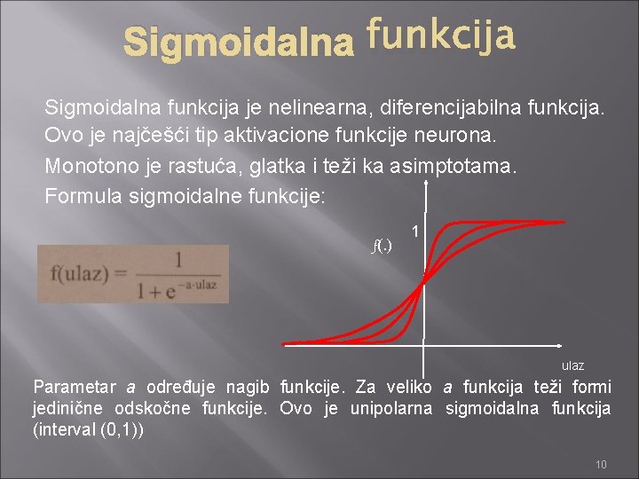 Sigmoidalna funkcija je nelinearna, diferencijabilna funkcija. Ovo je najčešći tip aktivacione funkcije neurona. Monotono