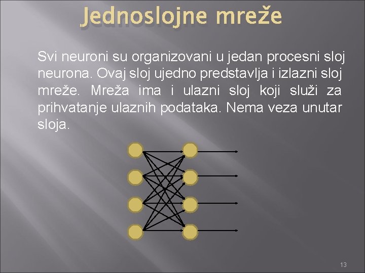 Jednoslojne mreže Svi neuroni su organizovani u jedan procesni sloj neurona. Ovaj sloj ujedno