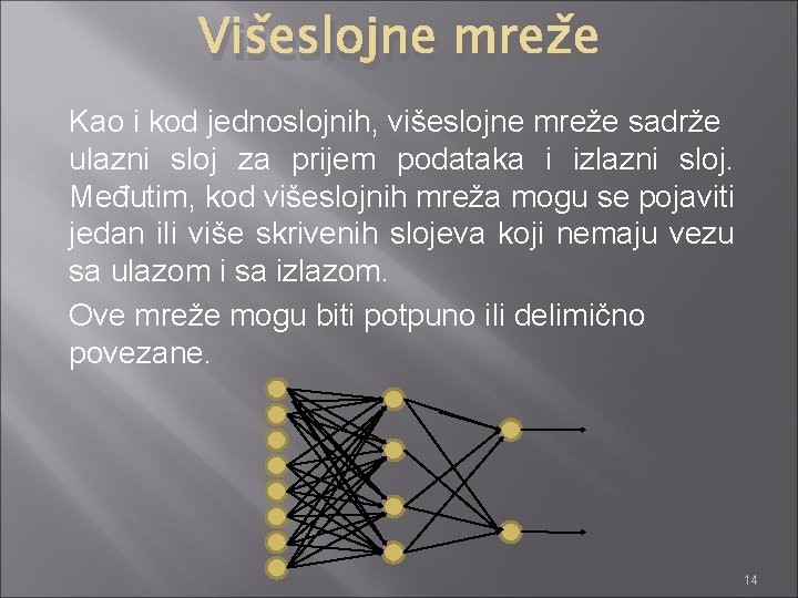 Višeslojne mreže Kao i kod jednoslojnih, višeslojne mreže sadrže ulazni sloj za prijem podataka