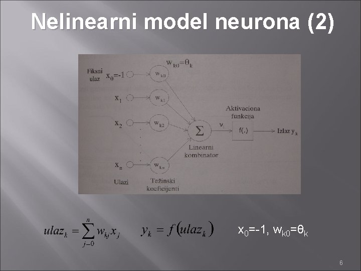 Nelinearni model neurona (2) x 0=-1, wk 0=θk 6 