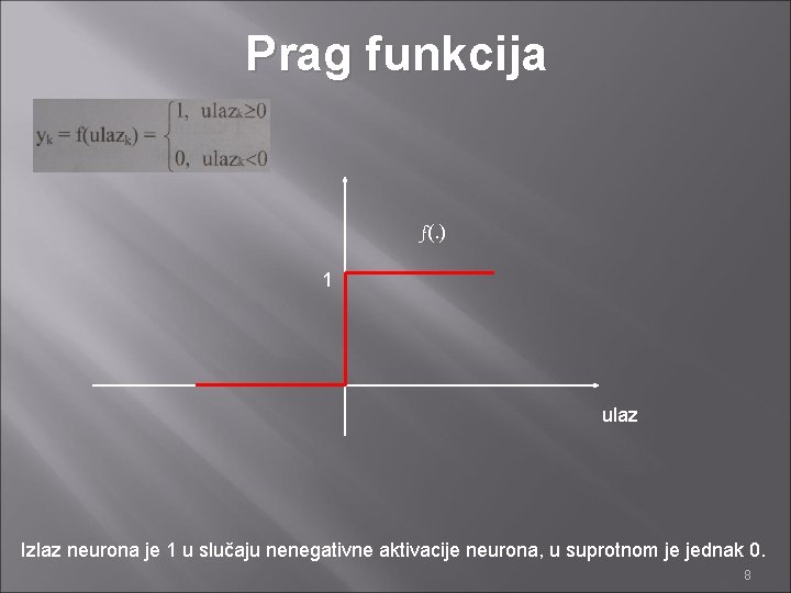 Prag funkcija f(. ) 1 ulaz Izlaz neurona je 1 u slučaju nenegativne aktivacije