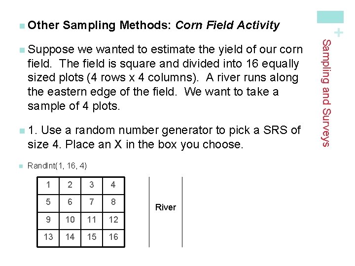Sampling Methods: Corn Field Activity we wanted to estimate the yield of our corn Sampling Methods: Corn Field Activity we wanted to estimate the yield of our corn