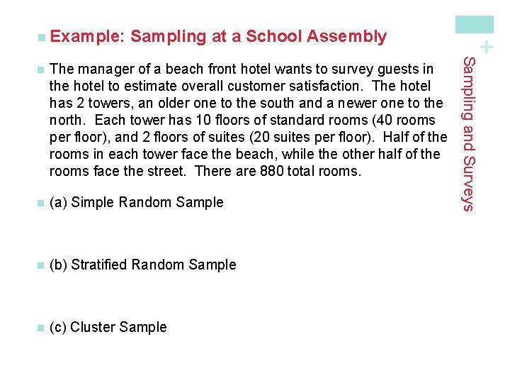 Sampling at a School Assembly The manager of a beach front hotel wants to Sampling at a School Assembly The manager of a beach front hotel wants to