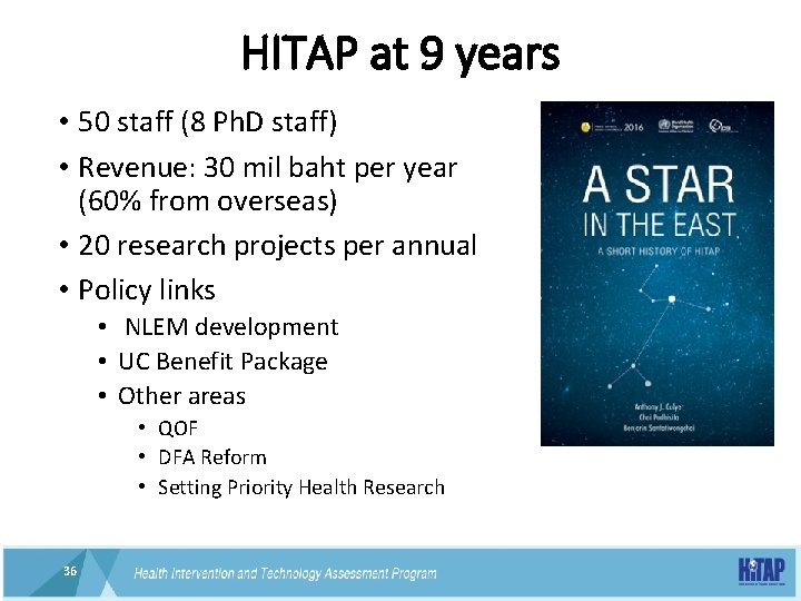 HITAP at 9 years • 50 staff (8 Ph. D staff) • Revenue: 30