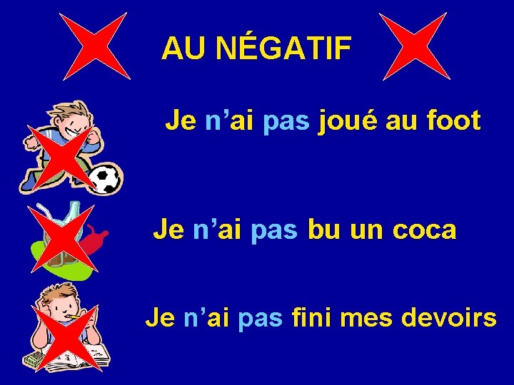 AU NÉGATIF Je n’ai pas joué au foot Je n’ai pas bu un coca