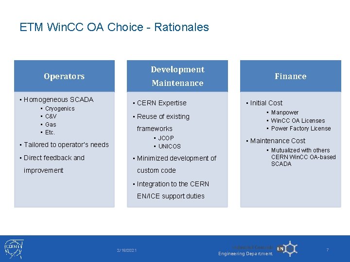 ETM Win. CC OA Choice - Rationales Development Operators • Homogeneous SCADA • •