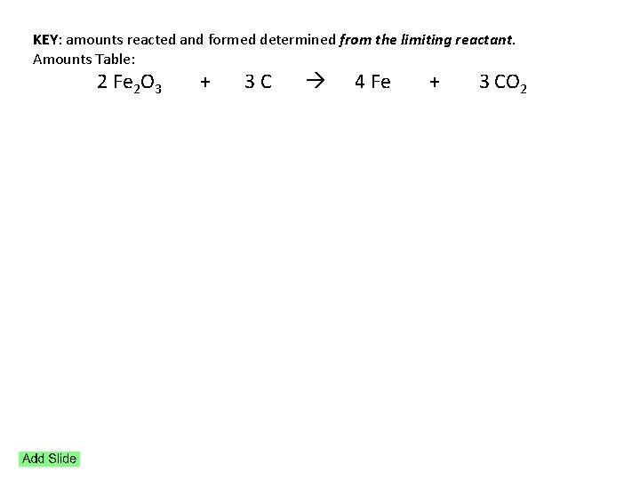 KEY: amounts reacted and formed determined from the limiting reactant. Amounts Table: 2 Fe