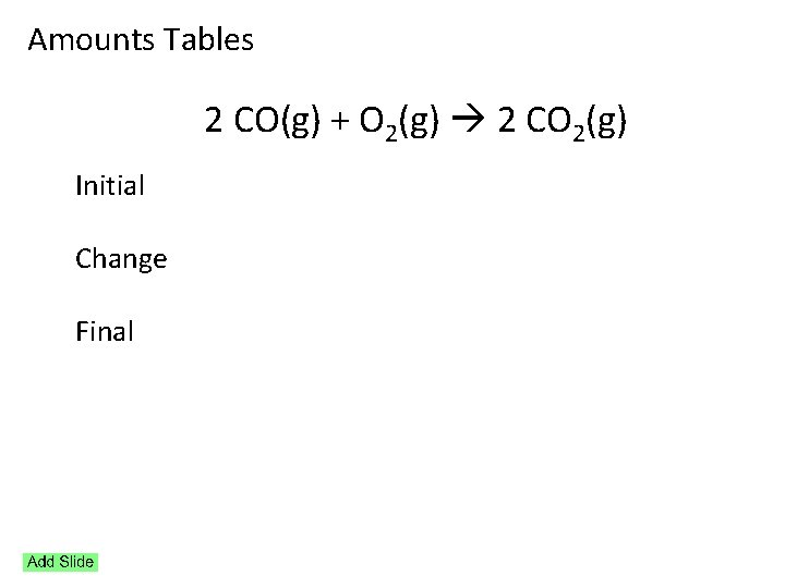 Amounts Tables 2 CO(g) + O 2(g) 2 CO 2(g) Initial Change Final 