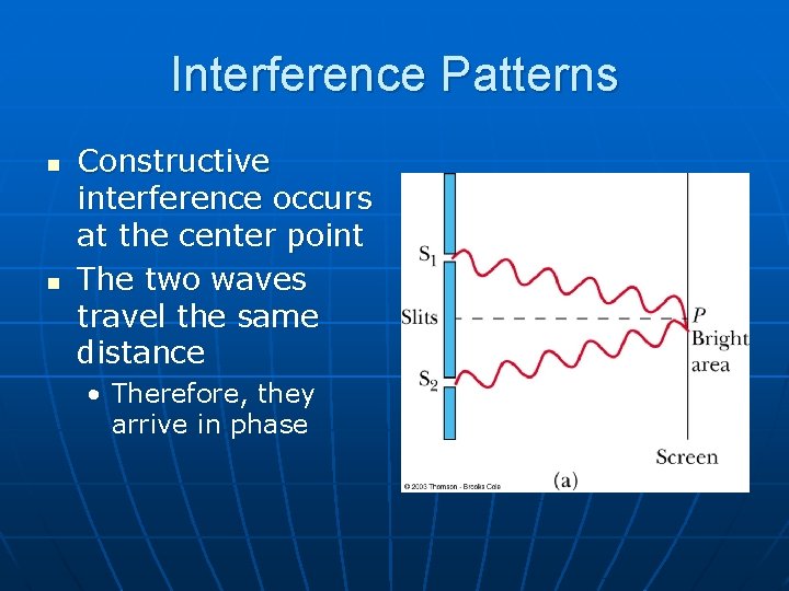 Interference Patterns n n Constructive interference occurs at the center point The two waves