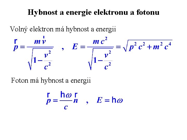 Hybnost a energie elektronu a fotonu Volný elektron má hybnost a energii Foton má