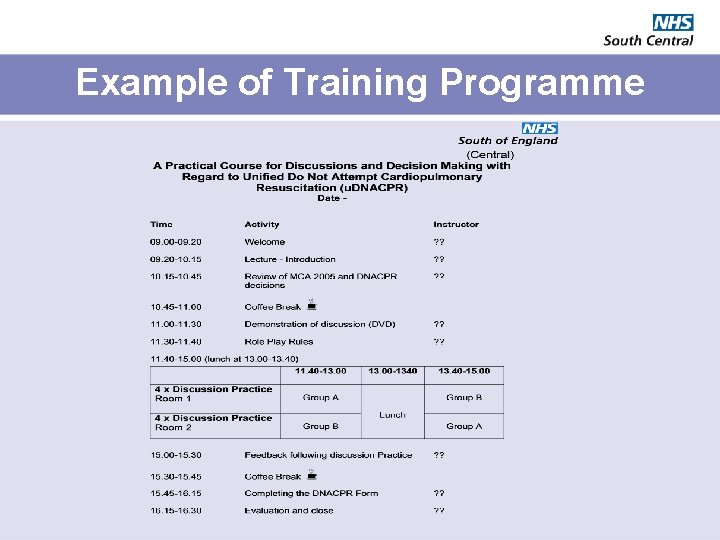 Example of Training Programme 