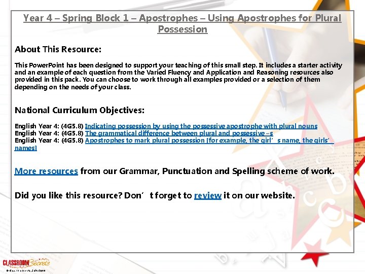 Year 4 – Spring Block 1 – Apostrophes – Using Apostrophes for Plural Possession
