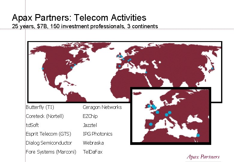 Apax Partners: Telecom Activities 25 years, $7 B, 150 investment professionals, 3 continents Butterfly Apax Partners: Telecom Activities 25 years, $7 B, 150 investment professionals, 3 continents Butterfly
