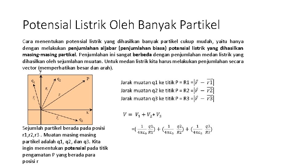 Potensial Listrik Oleh Banyak Partikel Cara menentukan potensial listrik yang dihasilkan banyak partikel cukup