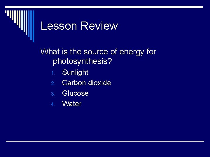 Lesson Review What is the source of energy for photosynthesis? 1. 2. 3. 4.
