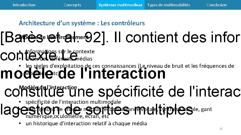  Introduction Concepts Systèmes multimodaux Types de multimodalités Conclusion Architecture d’un système : Les