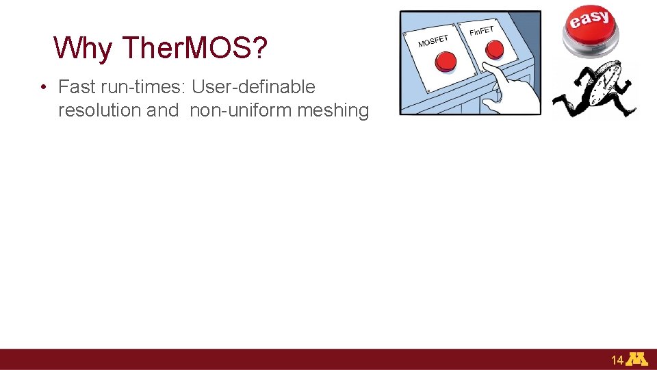 Why Ther. MOS? • Fast run-times: User-definable resolution and non-uniform meshing 14 