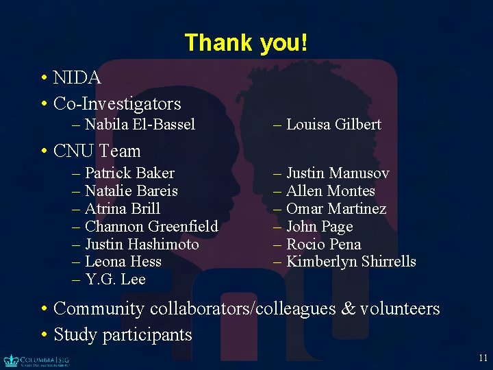 Thank you! • NIDA • Co-Investigators – Nabila El-Bassel – Louisa Gilbert • CNU