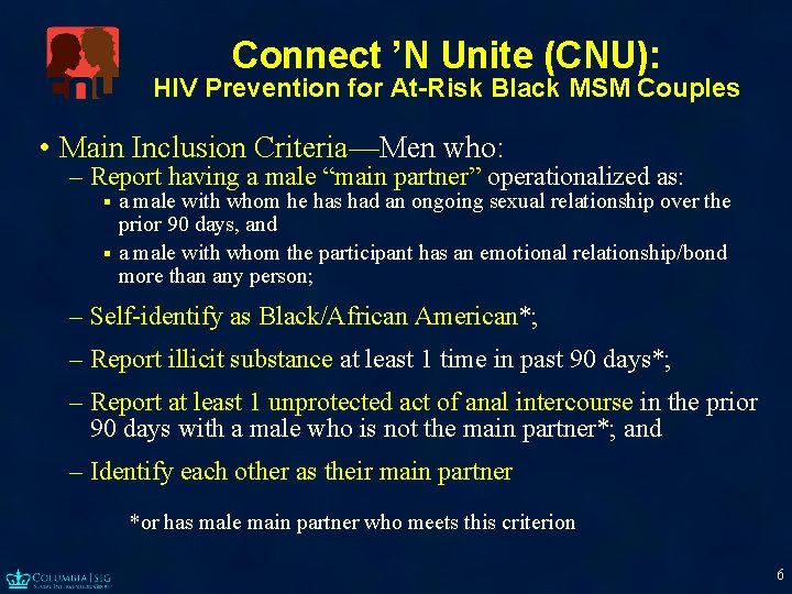 Connect ’N Unite (CNU): HIV Prevention for At-Risk Black MSM Couples • Main Inclusion