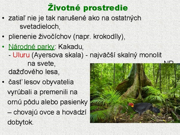 Životné prostredie • zatiaľ nie je tak narušené ako na ostatných svetadieloch, • plienenie