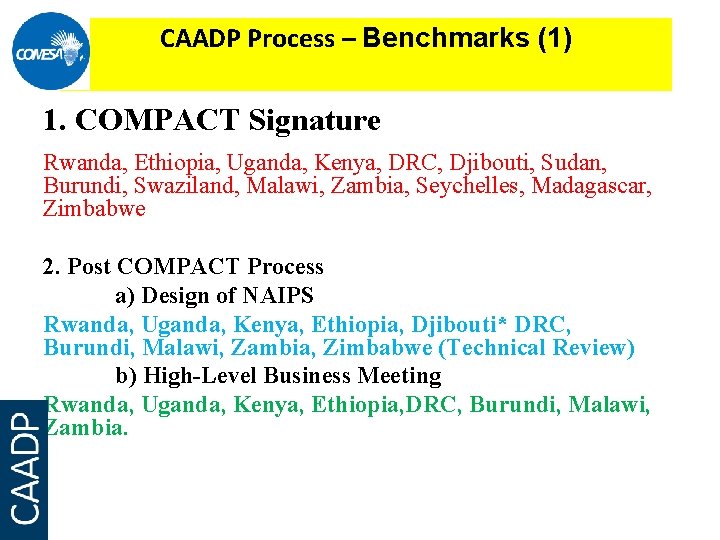 CAADP Process – Benchmarks (1) 1. COMPACT Signature Rwanda, Ethiopia, Uganda, Kenya, DRC, Djibouti,
