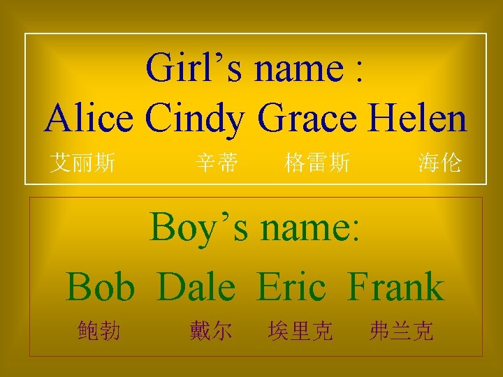 Girl’s name : Alice Cindy Grace Helen 艾丽斯 辛蒂 格雷斯 海伦 Boy’s name: Bob