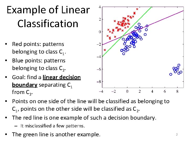 Example of Linear Classification • Red points: patterns belonging to class C 1. •