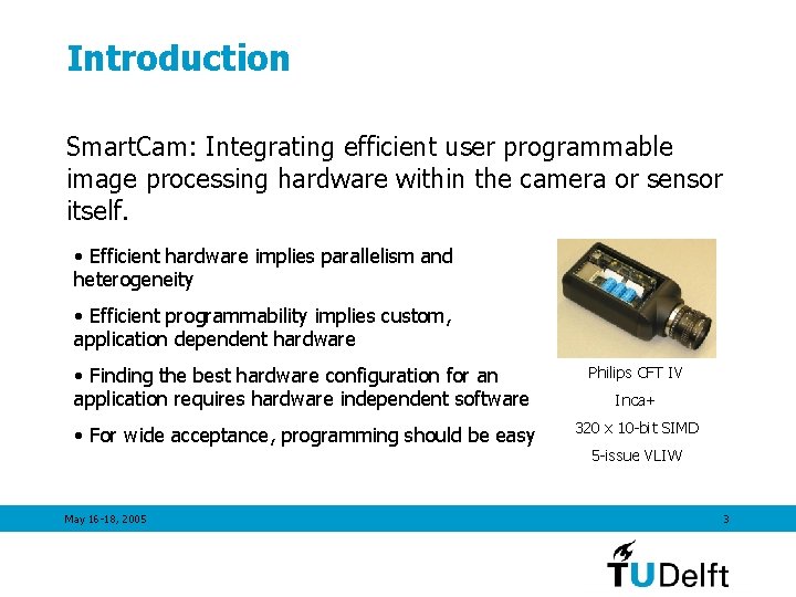 Introduction Smart. Cam: Integrating efficient user programmable image processing hardware within the camera or